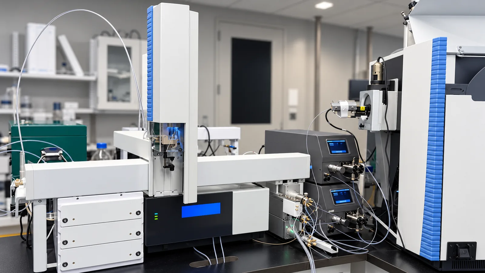 LC-MS setup on a lab bench: an automated liquid handler, LC pumps and valves, and a mass spectrometer